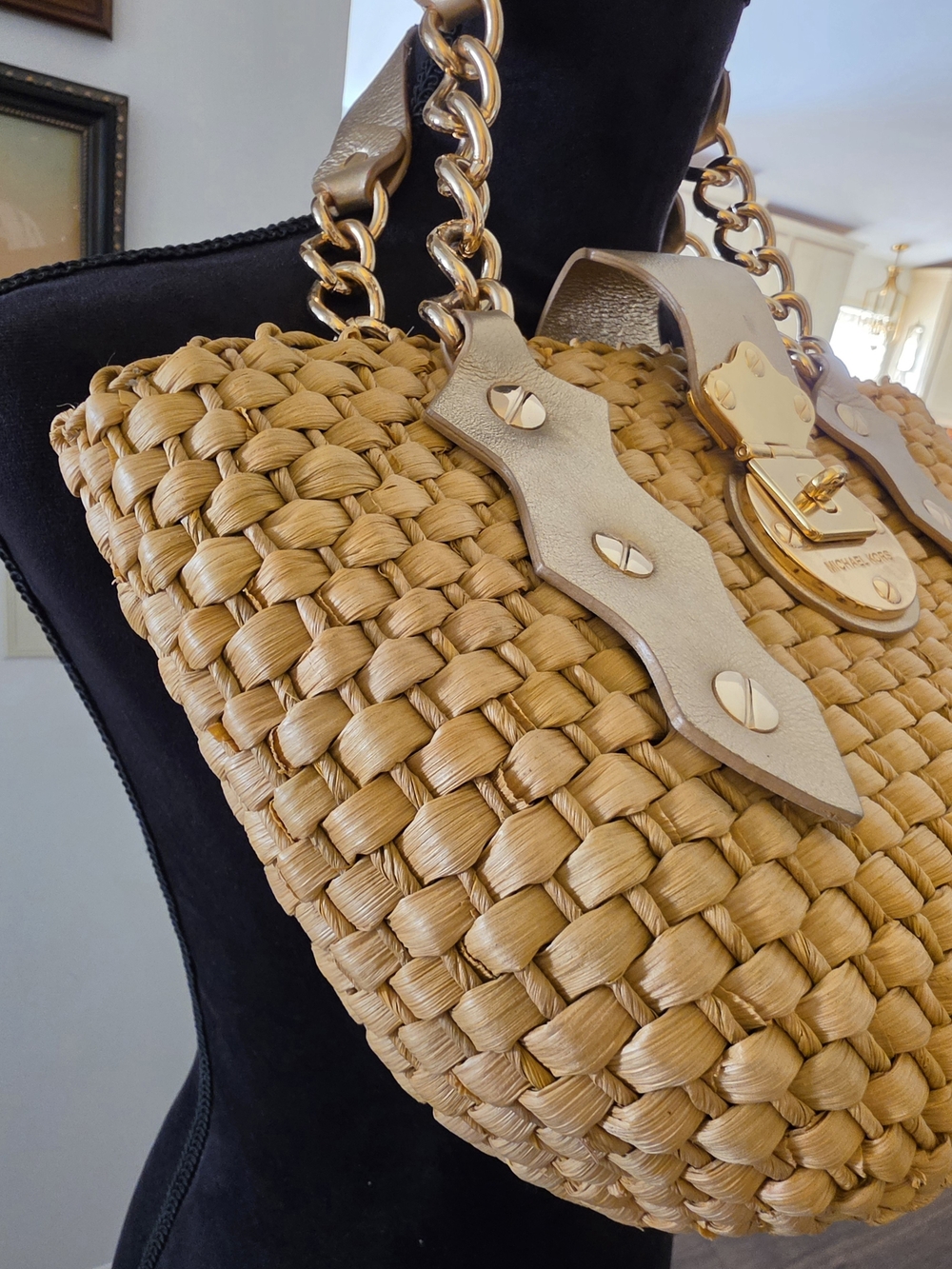 Michael Kors Tan Woven Straw Santorini Tote with Gold Hardware - Picture 3 of 10